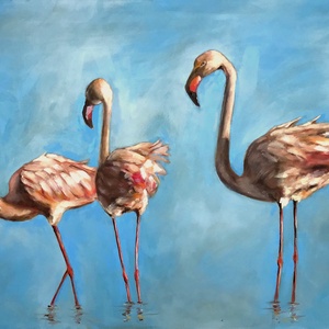 Flamingócsalád - olajfestmény, Művészet, Festmény, Olajfestmény, Festészet, MESKA