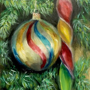 Retró karácsonyfadíszek - olajfestmény - 24 x 18 cm - Meska.hu