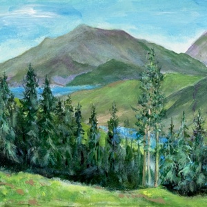 A fenyves mögött - akrilfestékkel lécre festett kép - 19,5 x 37,5 cm, Művészet, Festmény, Akril, Festészet, MESKA