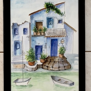 Tengerparti ház - keretezett akvarell - 45 x 32 centi a keretezett mérete, Művészet, Festmény, Akvarell, Festészet, MESKA