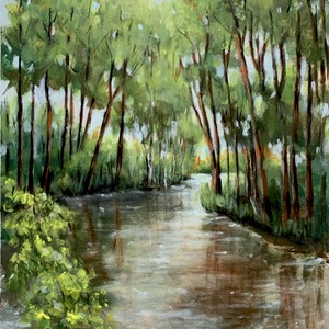 Folyóparti idill - keretezett akrilfestmény - 23 x 19 cm a keret nélküli mérete - művészet - festmény - akril - Meska.hu
