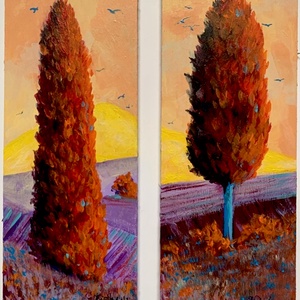 Két tuját ábrázoló deszkakép - akrilfestmény - egyenként 30 x 11,5 cm - Meska.hu