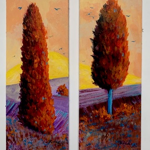 Két tuját ábrázoló deszkakép - akrilfestmény - egyenként 30 x 11,5 cm - művészet - festmény - akril - Meska.hu