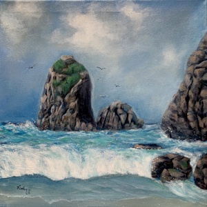 Portugáliai part - 40 x 40 centis olajfestmény, Művészet, Festmény, Olajfestmény, Festészet, MESKA