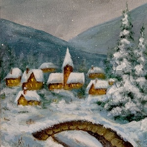 Tél egy kis hegyi faluban - akrilfestmény - 24 x 18 cm - Meska.hu