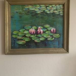Nyugalomban ringatózva - keretezett akrilfestmény - 31 x 37,5 cm - vízi liliom, water lily - művészet - festmény - akril - Meska.hu
