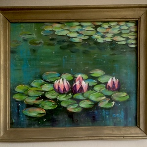Nyugalomban ringatózva - keretezett akrilfestmény - 31 x 37,5 cm - vízi liliom, water lily - művészet - festmény - akril - Meska.hu