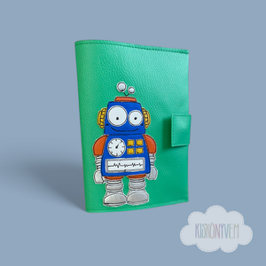 Zöld alapon robot mintás egészségügyi kiskönyv borító és irattartó névhímzéssel, Otthon & Életmód, Papír írószer, Egészségügyi kiskönyv borító, Varrás, Hímzés, MESKA