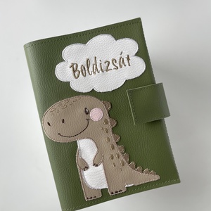 Keki zöld alapon dínó mintás egészségügyi kiskönyv borító és irattartó névhímzéssel - Meska.hu