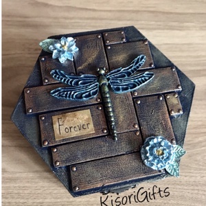 Szitakötős mixed-media ékszerdoboz, steampunk, választható felirattal - Meska.hu