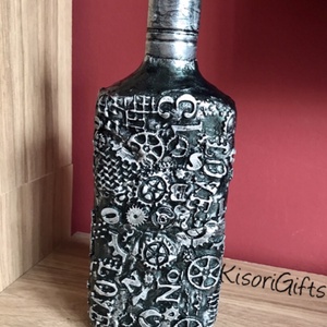 Legénybúcsúra, születésnapra steampunk whiskey-s üveg (0,7 L)  metál méregzöld - lila - otthon & lakás - dekoráció - asztal és polc dekoráció - díszüveg - Meska.hu