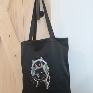 Hímzett vászontáska / fülhallgatós nyuszi - táska & tok - bevásárlás & shopper táska - kenyeres zsák - Meska.hu