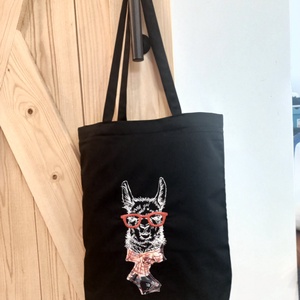 Hímzett vászontáska hajgumival / virágos láma - táska & tok - bevásárlás & shopper táska - kenyeres zsák - Meska.hu