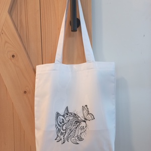Pillangós cica hímzéses vászontáska , Táska & Tok, Bevásárlás & Shopper táska, Kenyeres zsák, Hímzés, Varrás, MESKA