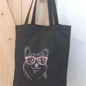 Selymes vászontáska szemüveges corgi hímzéssel, Táska & Tok, Bevásárlás & Shopper táska, Shopper, textiltáska, szatyor, Hímzés, Varrás, MESKA