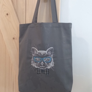 Szürke hímzett vászontáska / macska - táska & tok - bevásárlás & shopper táska - kenyeres zsák - Meska.hu