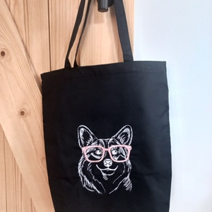 Hímzett vászontáska / fekete kutyás - táska & tok - bevásárlás & shopper táska - shopper, textiltáska, szatyor - Meska.hu