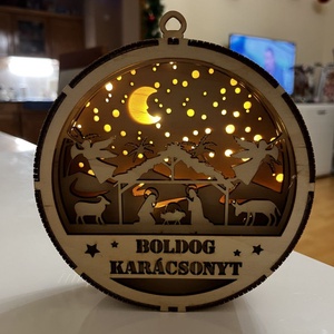 Karácsonyi Betlehem dekor doboz kör alakú LED világítással  meghitt, ünnepi asztaldísz, Karácsony, Karácsonyi lakásdekoráció, Karácsonyfadíszek, Gravírozás, pirográfia, MESKA