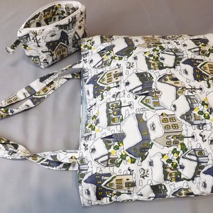 Havas házak, téli mintájú bevásárló szatyor és neszesszer szett - Nagy méret - táska & tok - bevásárlás & shopper táska - shopper, textiltáska, szatyor - Meska.hu