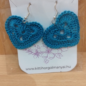 Szív alakú, kék horgolt fülbevaló, Ékszer, Fülbevaló, Lógó fülbevaló, Horgolás, MESKA
