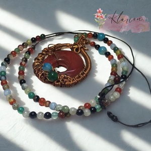 Achát ásvány fánk rézszövött keretben, csúszókötéses nyaklácon achát és sungit ásványgyöngyökkel, Ékszer, Nyaklánc, Medálos nyaklánc, Ékszerkészítés, Fémmegmunkálás, MESKA