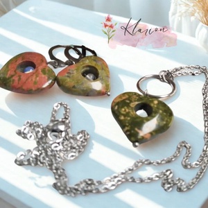 Unakit ásvány köves, opál ásványgyöngyös nemesacél fülbevaló és nyaklánc szett - ékszer - ékszerszett - Meska.hu