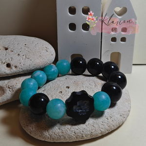 Nyugtató erő, obszidián és amazonit ásványgyöngy karkötő cseh üvegygönggyel, Ékszer, Karkötő, Gyöngyös karkötő, Ékszerkészítés, Gyöngyfűzés, gyöngyhímzés, MESKA