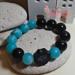 Nyugtató erő, obszidián és amazonit ásványgyöngy karkötő cseh üvegygönggyel - ékszer - karkötő - gyöngyös karkötő - Meska.hu