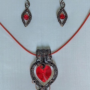 Vörösréz drótékszer szett piros swarovski kristályokkal, Ékszer, Ékszerszett, Ékszerkészítés, MESKA