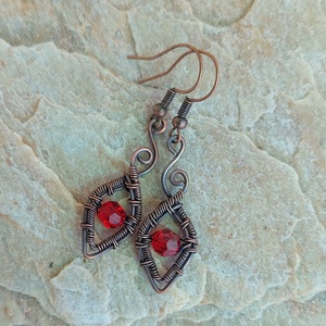 Vörösréz drótékszer szett piros swarovski kristályokkal - ékszer - ékszerszett - Meska.hu