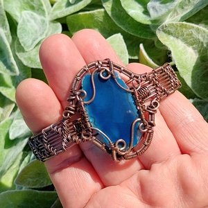 Vörösréz karkötő sötétkék achát lappal - ékszer - karkötő - széles karkötő - Meska.hu