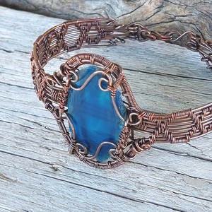 Vörösréz karkötő sötétkék achát lappal - ékszer - karkötő - széles karkötő - Meska.hu