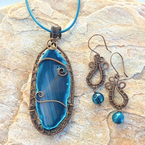 Vörösréz drótékszer szett sötétkék achát ásványokkal - ékszer - ékszerszett - Meska.hu