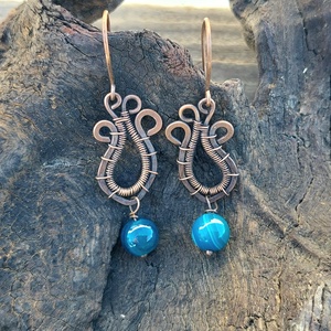 Vörösréz drótékszer szett sötétkék achát ásványokkal - ékszer - ékszerszett - Meska.hu