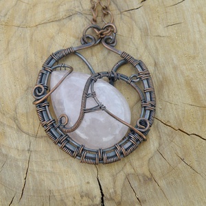 Vörösréz drótékszer rózsakvarc ásványkabosonnal, Ékszer, Nyaklánc, Medálos nyaklánc, Ékszerkészítés, MESKA