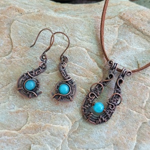 Ékszer szett vörösréz drótból kék jáde kövekkel - ékszer - ékszerszett - Meska.hu