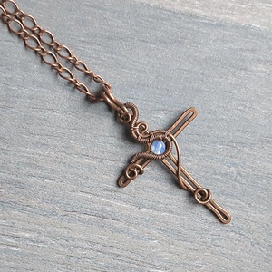 Vörösréz kereszt nyaklánc opalit kővel, Ékszer, Nyaklánc, Medálos nyaklánc, Ékszerkészítés, MESKA