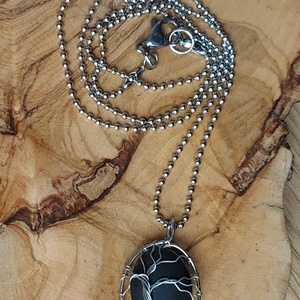 Acél életfa nyaklánc obszidián ásvánnyal, Ékszer, Nyaklánc, Medálos nyaklánc, Ékszerkészítés, MESKA