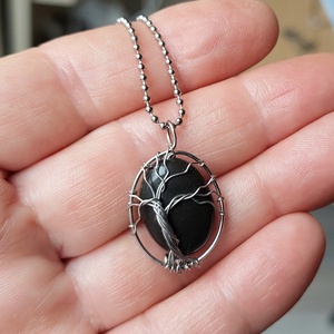 Acél életfa nyaklánc obszidián ásvánnyal - ékszer - nyaklánc - medálos nyaklánc - Meska.hu