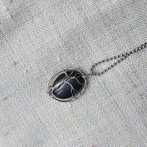 Acél életfa nyaklánc obszidián ásvánnyal - ékszer - nyaklánc - medálos nyaklánc - Meska.hu