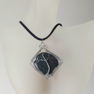 Acél életfa nyaklánc fekete pala kővel - ékszer - nyaklánc - medálos nyaklánc - Meska.hu