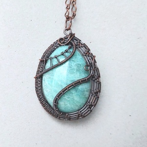Amazonit ásvány nyaklánc vörösréz drótba csomagolva - ékszer - nyaklánc - medálos nyaklánc - Meska.hu