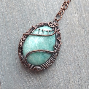 Amazonit ásvány nyaklánc vörösréz drótba csomagolva, Ékszer, Nyaklánc, Medálos nyaklánc, Ékszerkészítés, MESKA