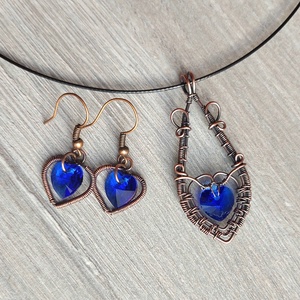 Sötétkék swarovski szív ékszer szett vörösréz drótból - ékszer - ékszerszett - Meska.hu