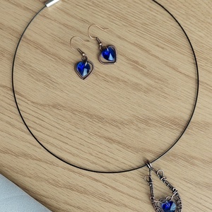 Sötétkék swarovski szív ékszer szett vörösréz drótból - ékszer - ékszerszett - Meska.hu