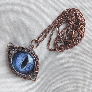 Vörösréz drót és kék macskaszem nyaklánc - ékszer - nyaklánc - medálos nyaklánc - Meska.hu