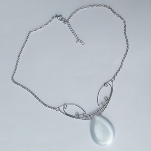 Acél nyaklánc fehér macskaszem kővel - ékszer - nyaklánc - medálos nyaklánc - Meska.hu