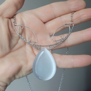 Acél nyaklánc fehér macskaszem kővel - ékszer - nyaklánc - medálos nyaklánc - Meska.hu