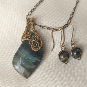 Sólyomszem ásvány sárgaréz drótékszer szett - ékszer - ékszerszett - Meska.hu