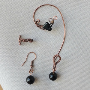 Vörösréz fülékszer obszidián ásvány kövekkel, Ékszer, Fülbevaló, Fülékszer, Ékszerkészítés, MESKA